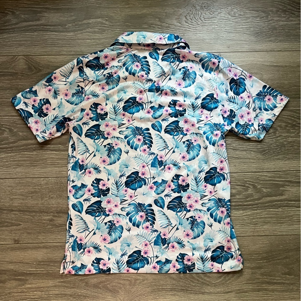 Con.struct Men’s White Blue Pink Hibiscus Palm Hawaiian Golf Polo Short Sleeve M - Picture 2 of 8
